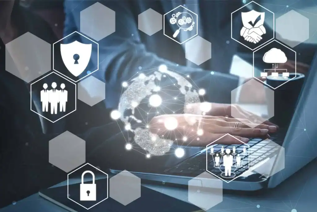 Digital network security icons overlay a laptop keyboard, symbolizing reliable website hosting, maintenance, and advanced