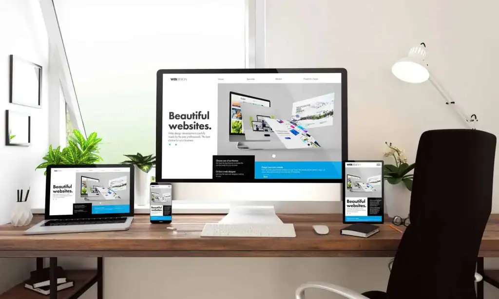 Desktop computer and mobile devices displaying a website design, showcasing Delaware Digital Media's custom website
