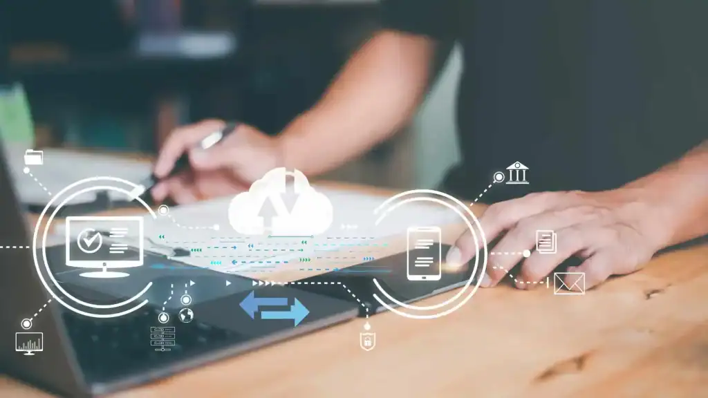 Digital illustration overlaying a laptop and smartphone, representing secure website hosting, maintenance, and ongoing support