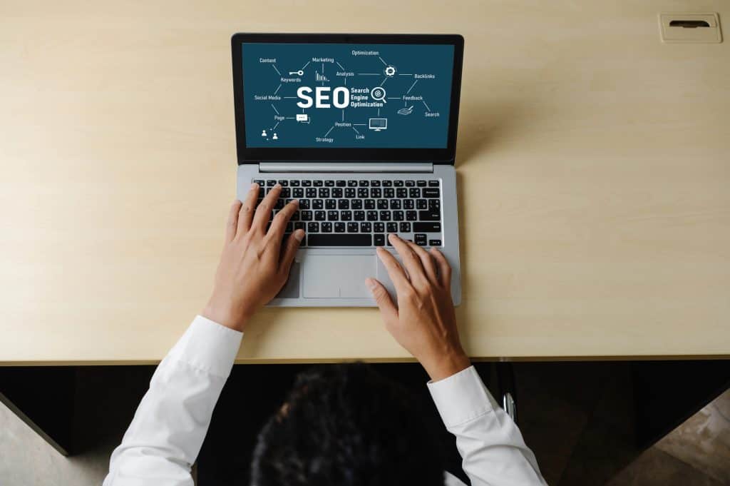 Laptop displaying SEO strategy and optimization diagram, illustrating Delaware Digital Media's expertise in SEO and