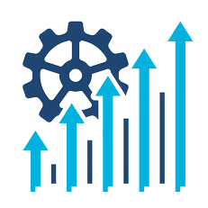 Blue gear icon and upward trending graph illustrating website SEO strategies and growth for Delaware