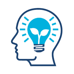 Icon illustrating AI visibility and online growth, depicting a human head with a lightbulb containing
