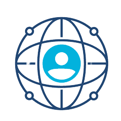 Blue icon depicting a globe with an eye symbol, representing website visibility and SEO strategies