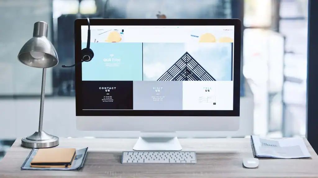 Computer desktop displaying a modern website design, showcasing Delaware Digital Media's custom website solutions and